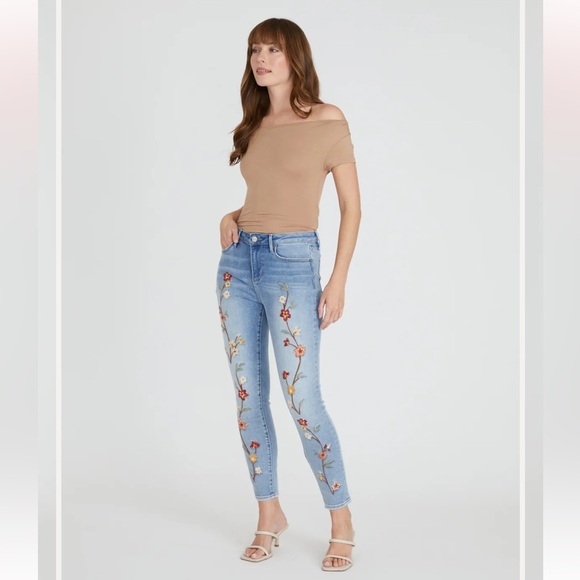 DRIFTWOOD Jackie Skinny - Copper Foliage Embroidered Light Blue Women's Jeans - Picture 3 of 4